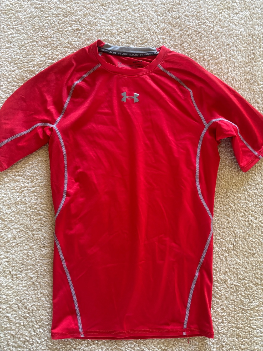 Under Armour Red Short-Sleeve Compression Top with Silver Logo